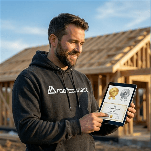 Dekarz przeglądający swoje osiągnięcia w aplikacji